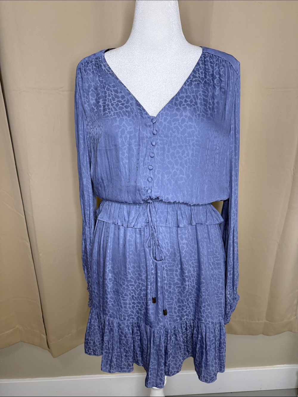 Blue Long-Sleeve V-Neck Tie-Waist Dress